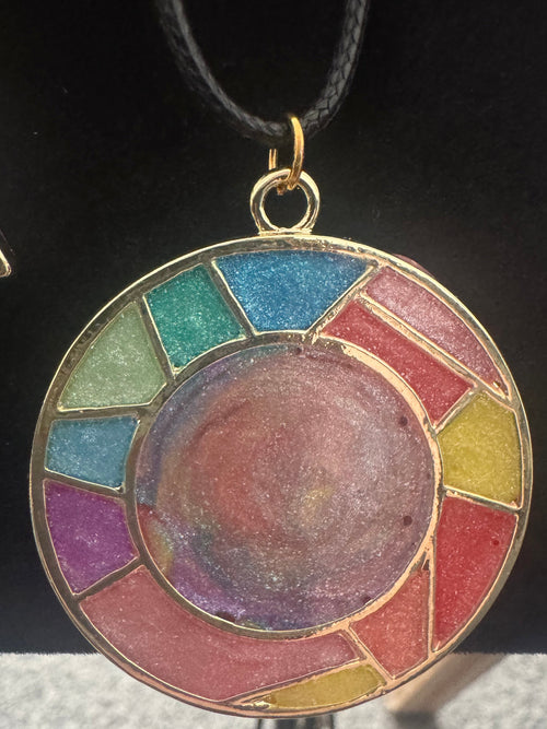 Circular metal bezel and resin necklace