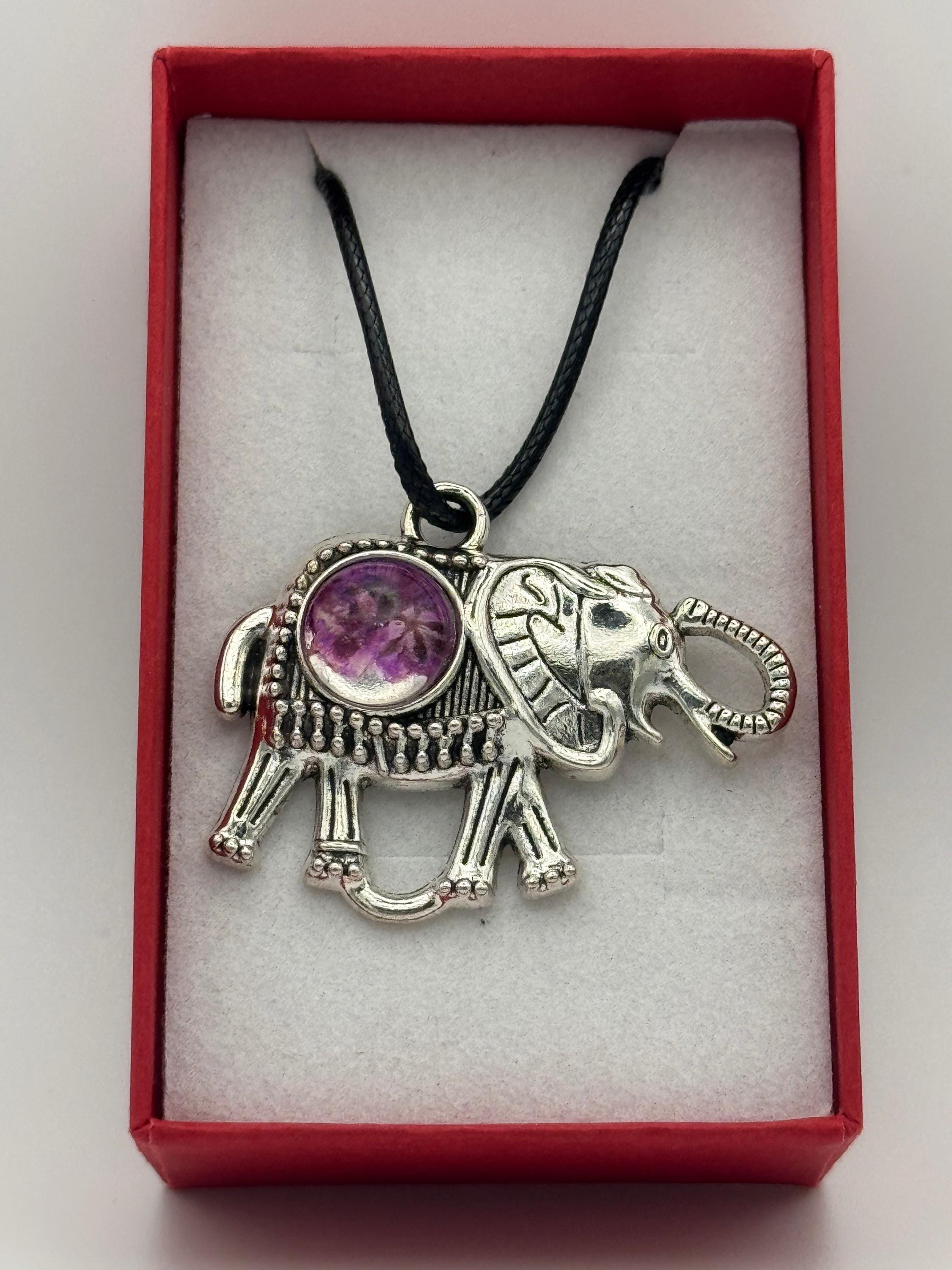 Purple Flower Elephant Necklace - Resin Pendant