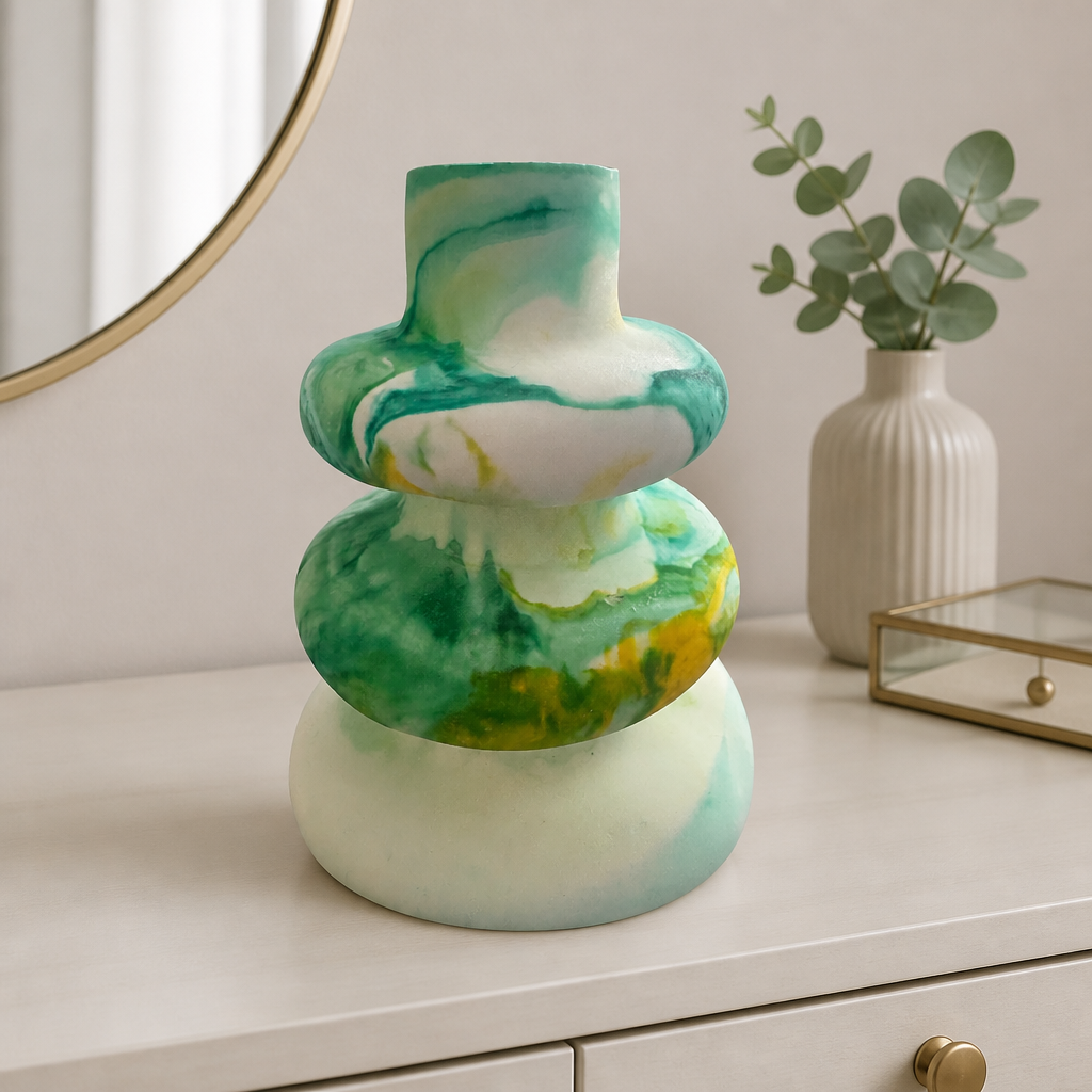 A decorative stacked vase with a marbled green, white, and yellow pattern sits on a white dresser next to a small white vase with eucalyptus leaves and a gold-framed mirror.