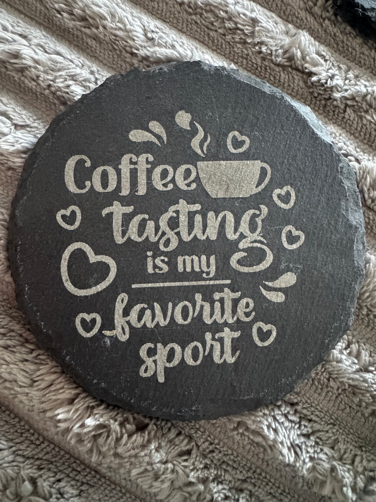 Engraved slate coaster – Coffee tasting is my favourite sport | Willow & Resin Designs