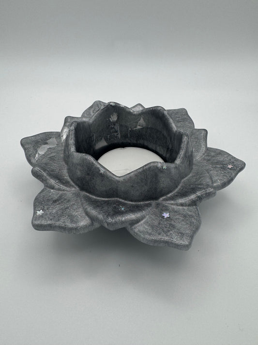 Dark silver and glitter resin lotus flower tealight holder