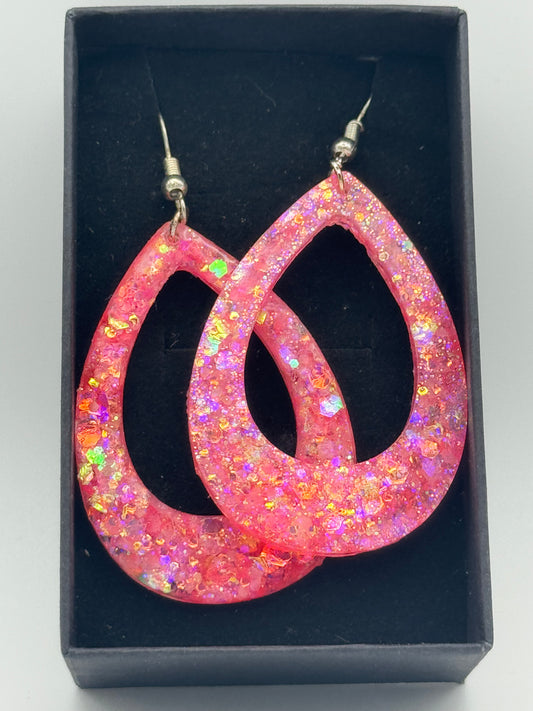 Pink glittered coloured long resin earrings