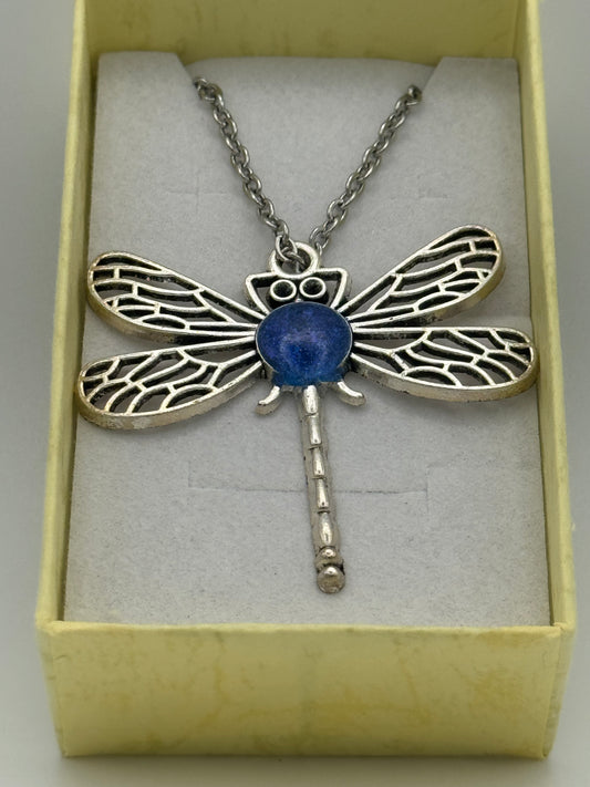 Necklace with metal dragonfly with blue resin, on stainless steel chain