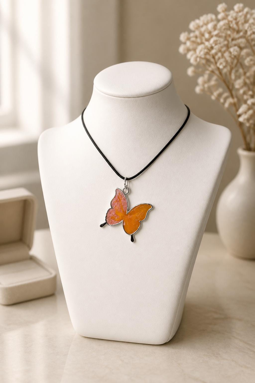 Handmade resin necklace, metal butterfly bezel filled with resin