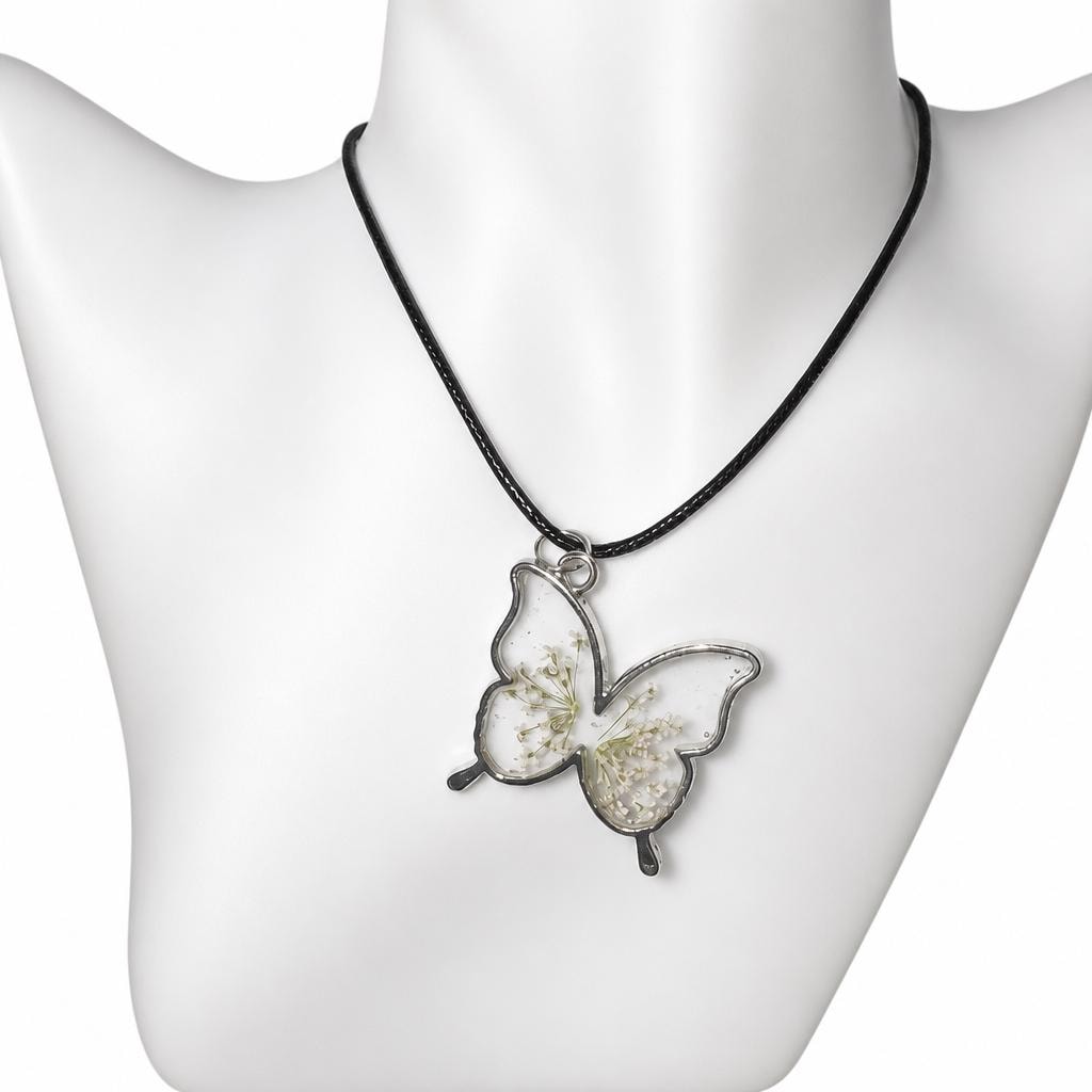 Handmade resin necklace, metal butterfly bezel filled with resin