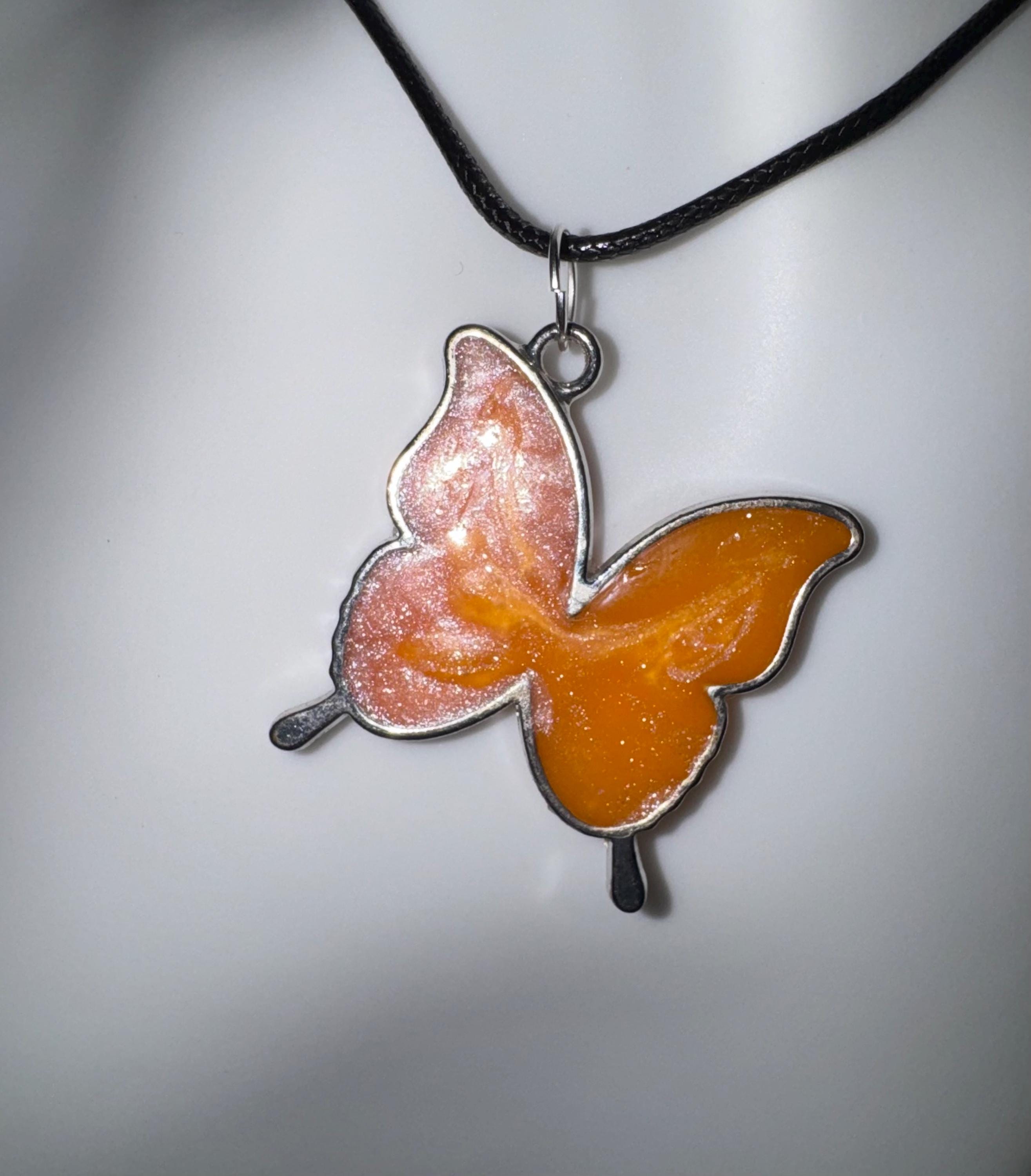 Handmade resin necklace, metal butterfly bezel filled with resin