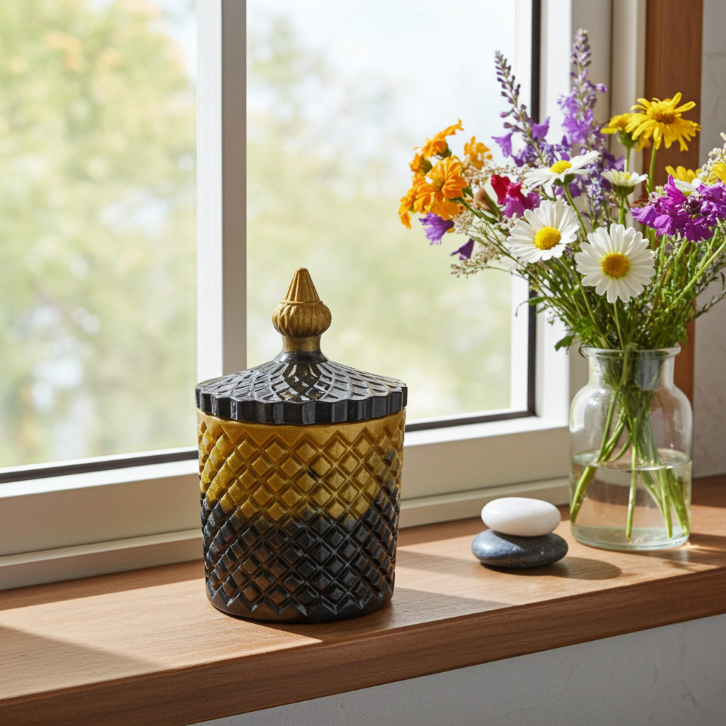 Black & Gold Diamond Pot with Lid - Resin Storage